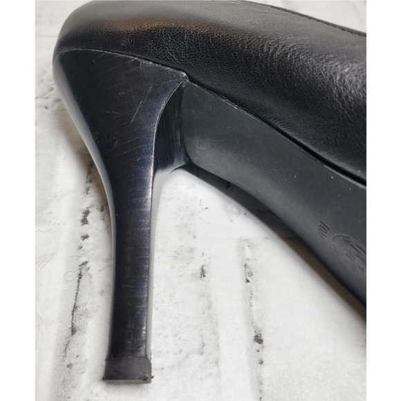 Michael Kors Women Black Peep Toe Heels Size 10M Gold Plaque Logo Label Platform - Picture 9 of 11